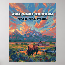 Poster Grand Teton National Park Mounties Bison Wyoming