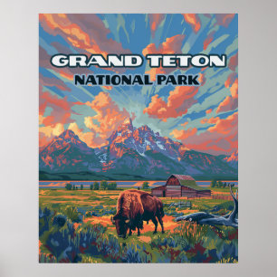 Poster Grand Teton National Park Mounties Bison Wyoming