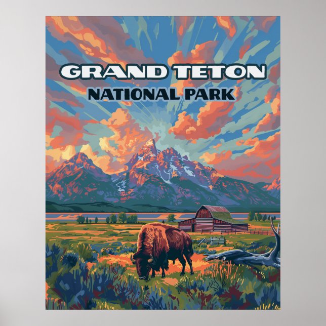 Poster Grand Teton National Park Mounties Bison Wyoming (Frente)