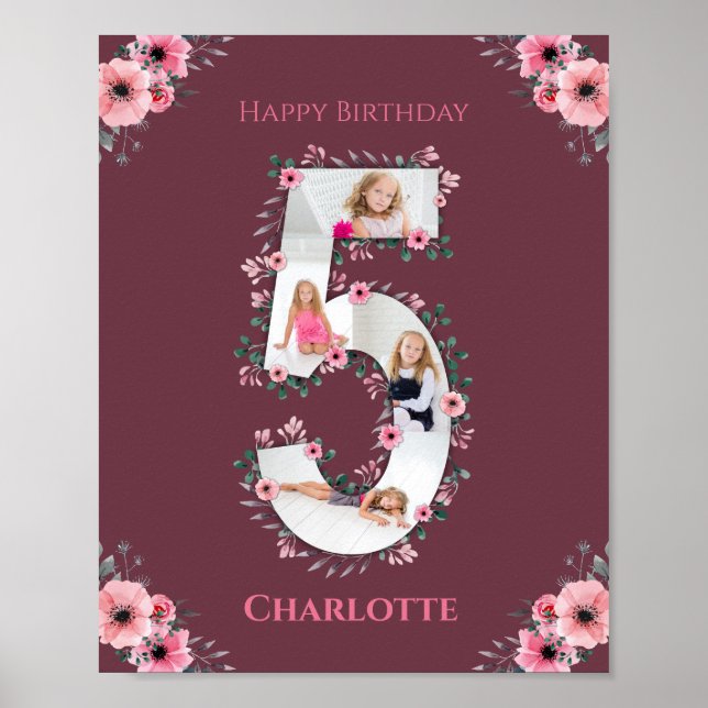 Poster Grande 5 Birthday Rapariga Fotografia Collage Flor (Frente)