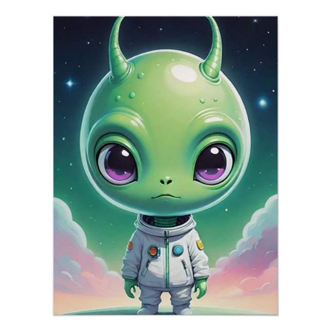 Póster Grande alienígena verde com chifres (Frente)