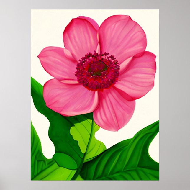 Poster Grande Anêmona Rosa com Folhas Verde Esmeraldas (Frente)