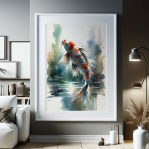 Poster Grande Aquarela Pintura Colorida Koi Fish Art