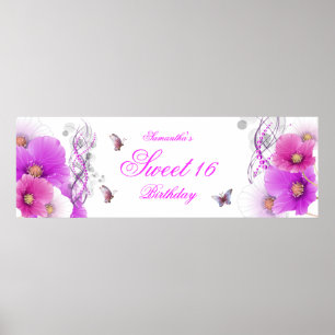 Póster grande Banner Aniversário Rosa Floral Branco Bonit