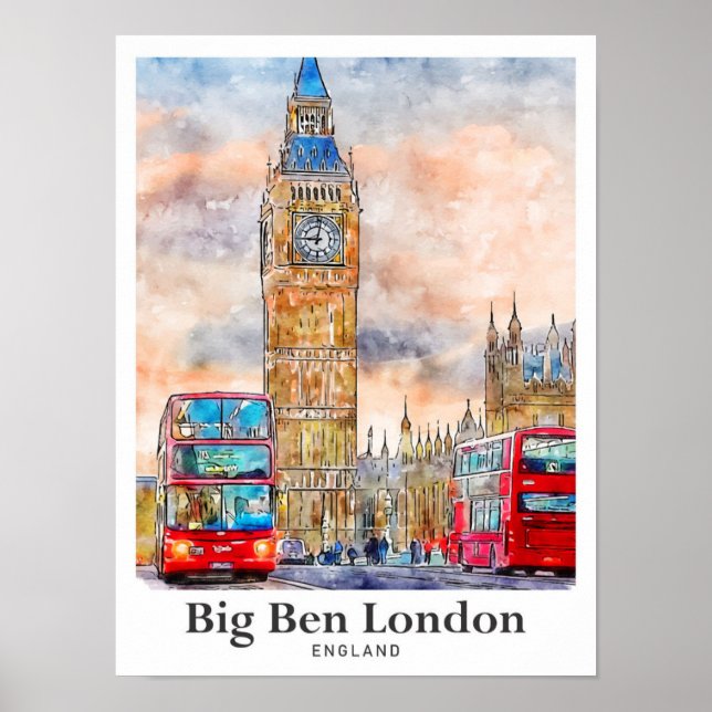 Poster Grande Ben London Watercolor Sketch Hand Drawn (Frente)