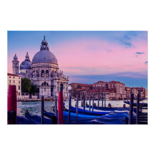 Póster Grande Canal com gondolas e igreja em Veneza