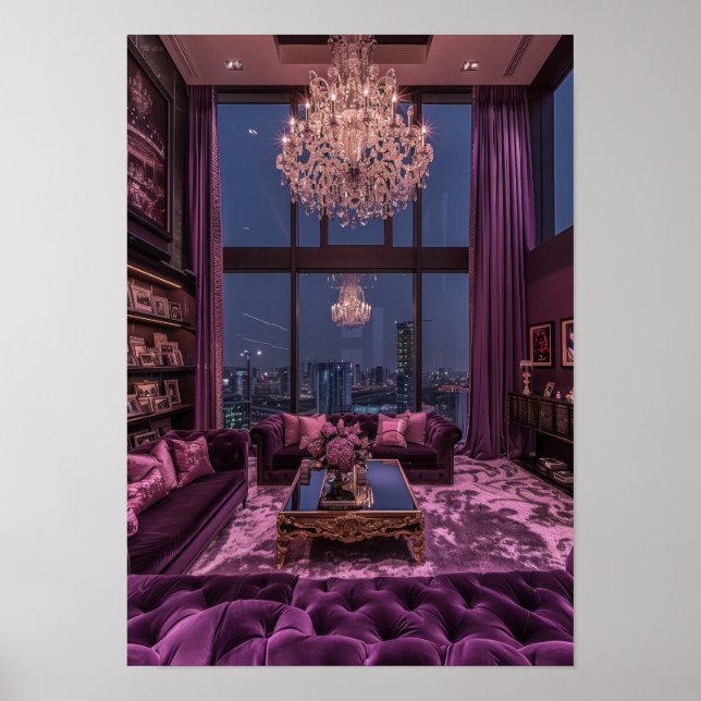 Poster Grande Chandelier da Sala de Vida Roxo Eleg (Frente)
