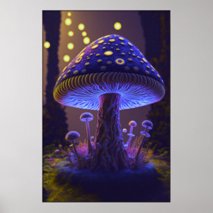 Poster Grande Cogumelo Brilhante - Indigo e Amarelo