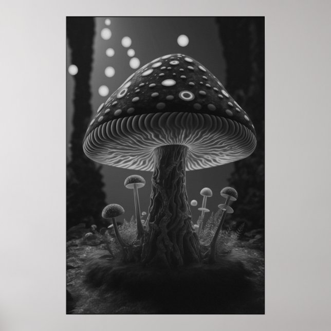 Poster Grande Cogumelo Brilhante - Preto e Branco (Frente)