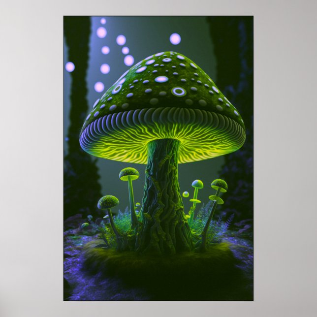 Poster Grande Cogumelo Brilhante - Verde e Indigo (Frente)