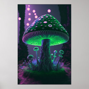 Poster Grande Cogumelo Brilhante - Verde e Rosa