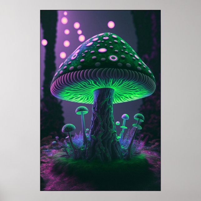 Poster Grande Cogumelo Brilhante - Verde e Rosa (Frente)
