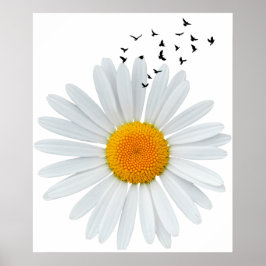Poster Grande Daisy Flower com bando de aves voadoras.