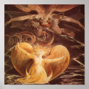 Póster Grande dragão vermelho e a mulher vestida com Sun