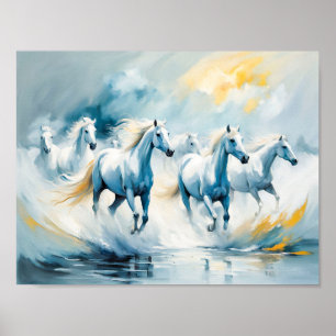 Poster Grande Grupo de Cavalos Brancos Atravessando O Mar