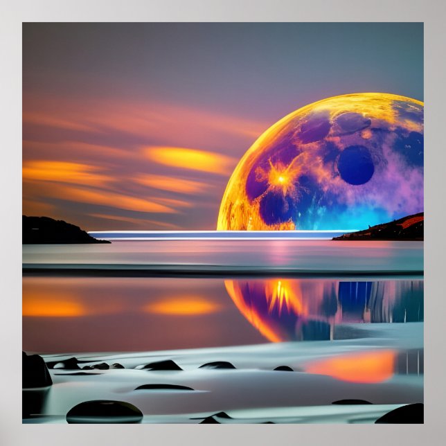 Poster Grande lua colorida sobe sobre a água - refletindo (Frente)