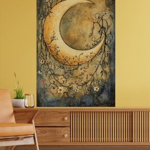 Poster grande lua crescente rodeada por flora delicada