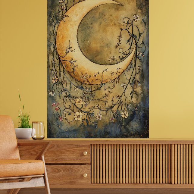 Poster grande lua crescente rodeada por flora delicada (Sala de Estar 2)