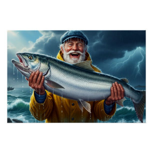 Póster Grande Peixe Pescado pelo Pescador Oceano