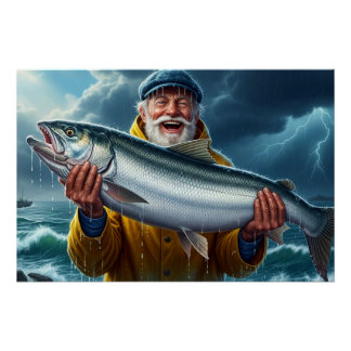 Póster Grande Peixe Pescado pelo Pescador Oceano