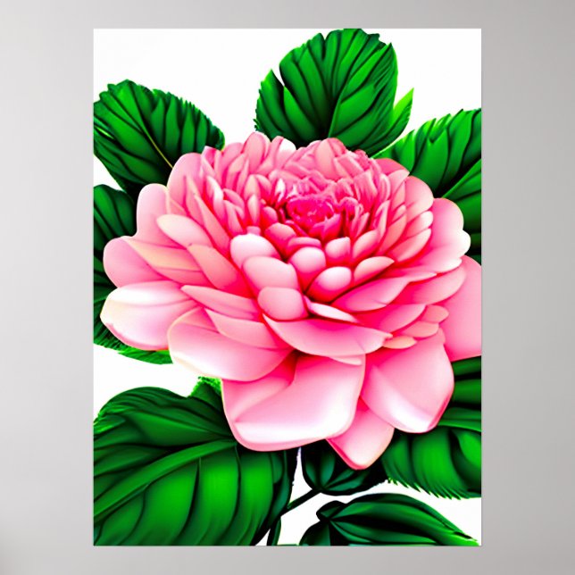Poster Grande Pensão Rosa com Folhas Verde Esmeraldas (Frente)