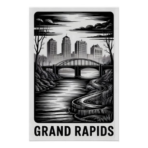 Póster Grande Rapids Michigan Silhueta Preto Branco Xilog