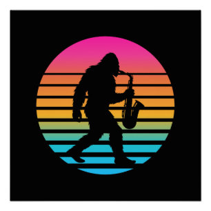 Póster Grande Saxofone Jazz Bigfoot Design Retro Pôr do S