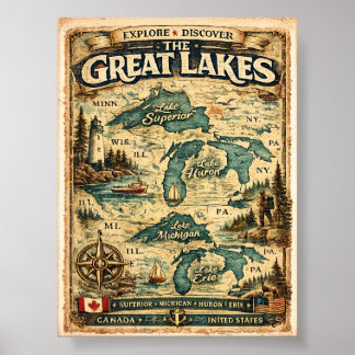 Poster Grandes Lagos Mapa Antigo Destino