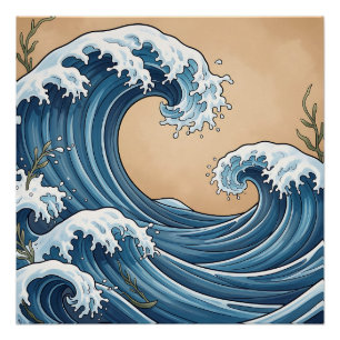 Póster Grandes Ondas do Oceano Azul Estilo Japonês