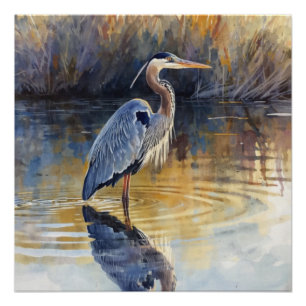 Póster Grandes Rios de Garças-Azul Aquarelas