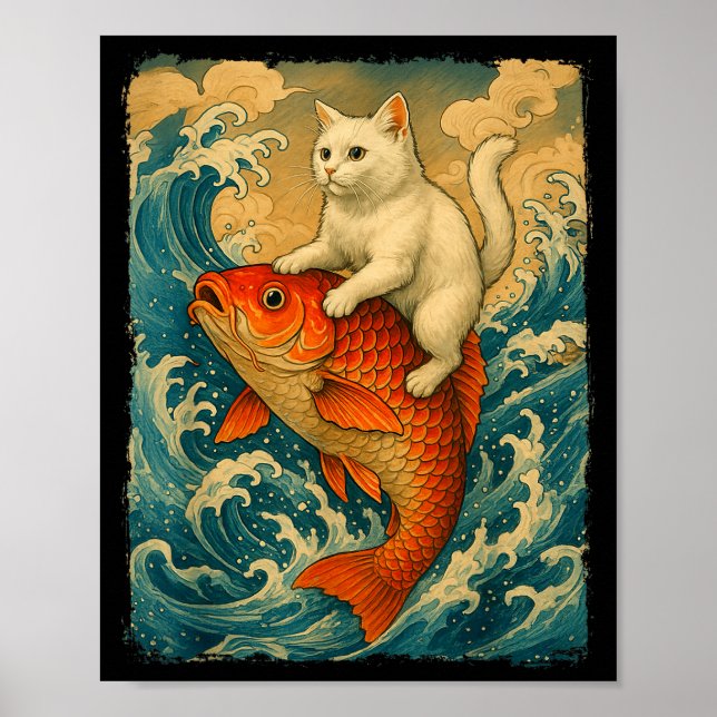 Poster Graphic Tee Men Women Funny Cat Koi Japanese Art W (Frente)