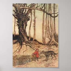 Poster Gravura vintage de Chapeuzinho Vermelho e Lobo de