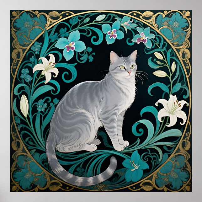 Poster Gray Cat Ornate Floral Frame (Frente)
