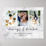 Póster Gray Marble Always & Forever Wedding Photo Collage<br><div class="desc">Beautiful wedding photo collage with three of your photos inside thin white frames on a gray marble print. Always & forever written in a wonderful dark gray calligraphy script. Personalize with three wedding photos,  your names,  and wedding date!</div>