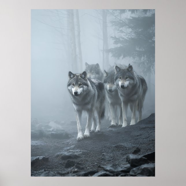 Poster Gray Wolves in Thick Mist (Frente)
