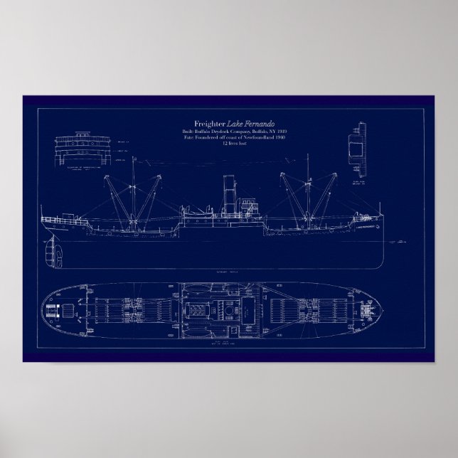Poster Great Lakes Freighter Lake Fernando Blueprint (Frente)