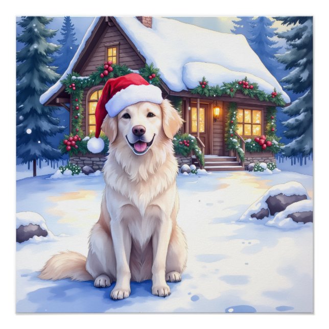 Póster Great Pyrenees Snowy Mountain Lodge Santa Hat (Frente)
