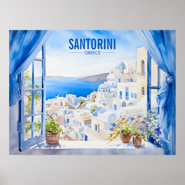 Poster Grécia de pintura por aquarela Santorini | Arte (Frente)