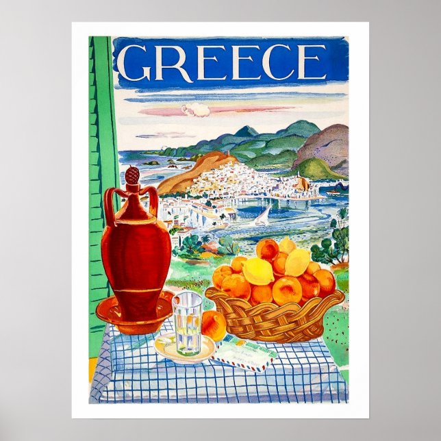 Poster Grécia, frutas na mesa, vista paisagística da jane (Frente)
