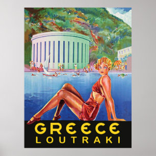 Poster Grécia, Loutraki, garota na praia, vintage