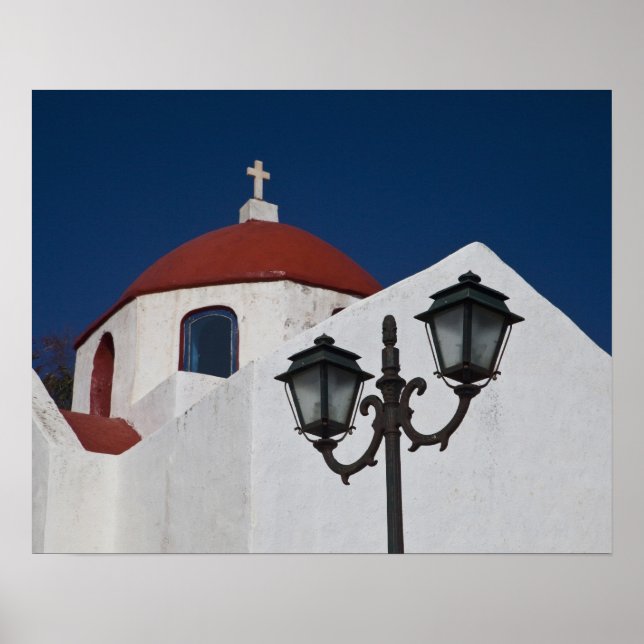 Póster Grécia, Mykonos, Capela com cúpula vermelha e (Frente)