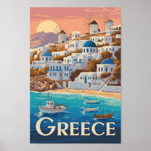 Poster Grécia Mykonos Illustration Viagem Art Vintage