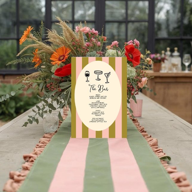 Póster Green and Blush Pink Striped “Drinks Menu” Wedding (Criador carregado)