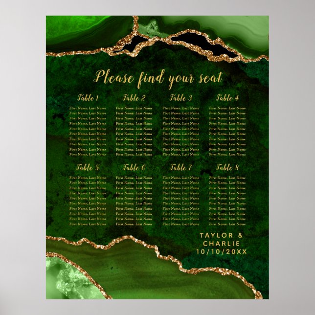 Poster Green and Gold Agate Wedding Seating Chart (Frente)