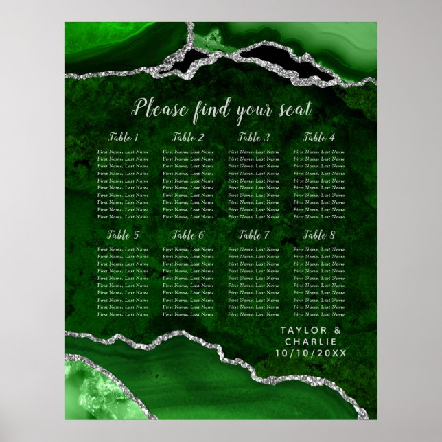 Poster Green and Silver Agate Wedding Seating Chart (Frente)
