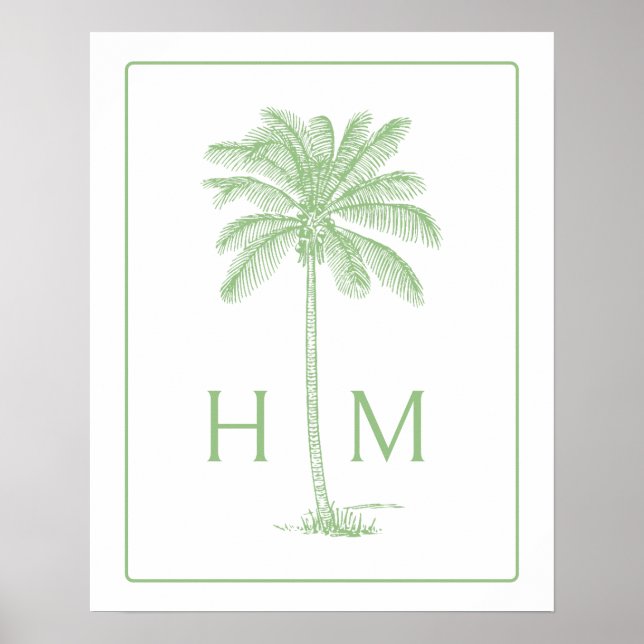 Poster Green and White Palm Palmetto Tree Monogram (Frente)