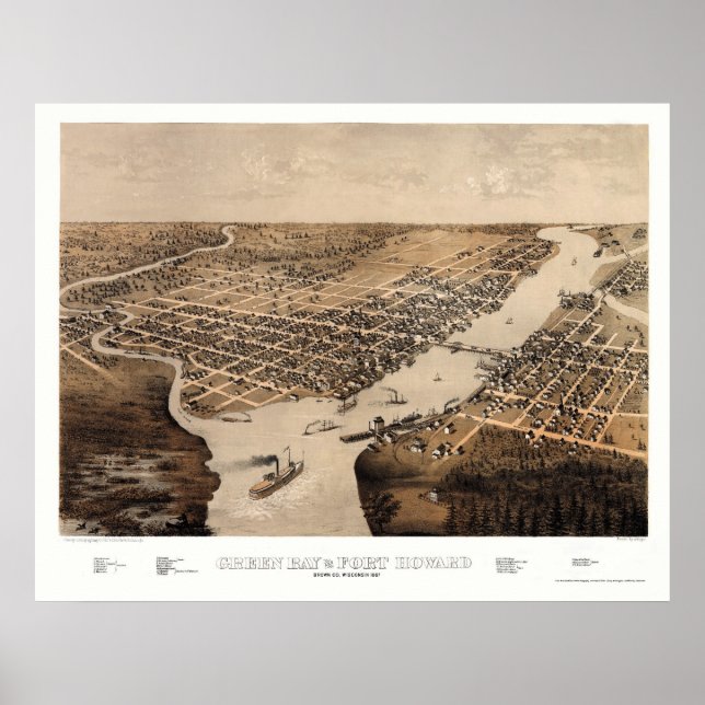 Poster Green Bay, Mapa Panorâmico do WI - 1867 (Frente)