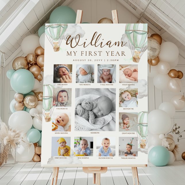Poster Green Beary First Birthday Photo Timeline (Criador carregado)