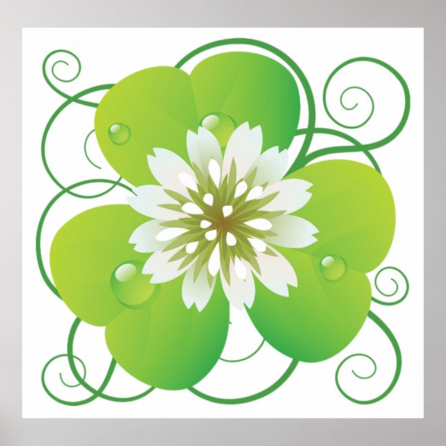 Poster Green Four Leaf Clover with White Floral Bloom (Frente)