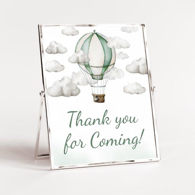 Poster Green Hot Air Balloon Obrigado por vir (Gender Neutral Travel Baby Shower Thank you for Coming Sign)